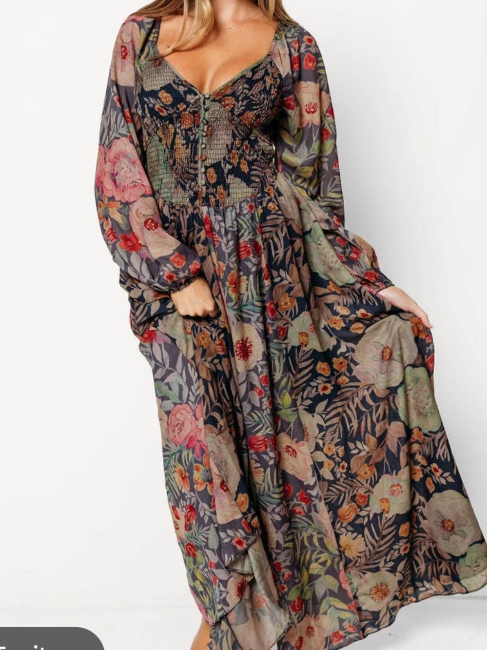 Worth Collective Smocked Floral Midi Dress Navy Pink Green Long Sleeve Size M